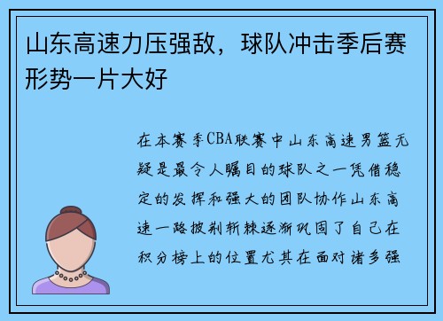 山东高速力压强敌，球队冲击季后赛形势一片大好